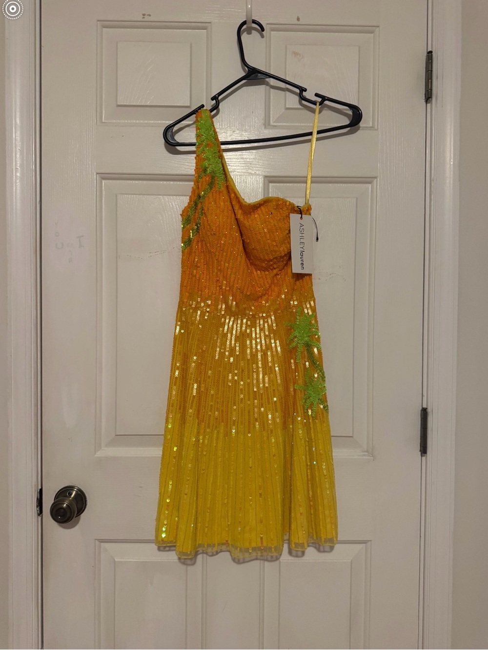Ashley Lauren Yellow One-Shoulder Sequin Mini Dress